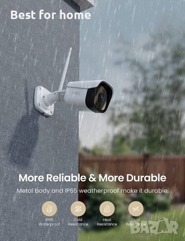 Камера за наблюдение GNCC 2.4G WiFi,T2,IP65 нощно виждане,откриване на движение и звук,съвм. Alexa , снимка 4 - Други стоки за дома - 40079442