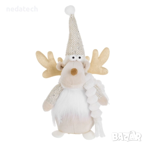 Декоративен елен с плетена шапка, 28 см, екрю