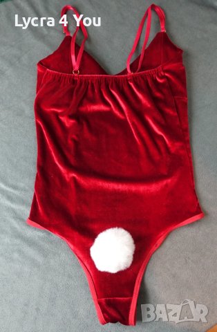 S секси червено кадифено боди с бяла пухкава заешка опашка, снимка 2 - Бельо - 42146519