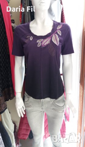РАЗПРОДАЖБА- блуза трико в преливащи лилави цветове и апликации листа, снимка 5 - Тениски - 35678019