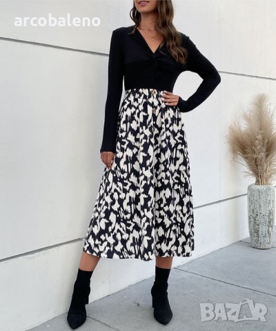 Дамска контрастна цветна рокля с V-образно деколте и дълги ръкави - 023, снимка 4 - Рокли - 39248182