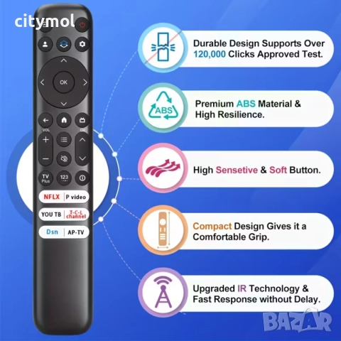 Дистанционно управление за Smart TV TCL RC813, гласова функция, Netflix, YouTube, TCL Channel