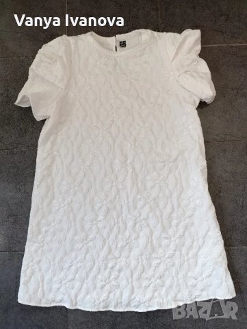 Shein  бяла рокля с релефни цветя и френски  ръкав, снимка 5 - Рокли - 50045343