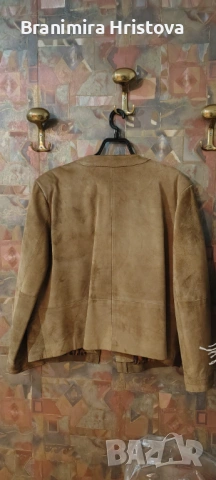 C&A дамско яке от естествен свински велур – размер 44, бежово/камел, леопардова подплата, снимка 2 - Палта, манта - 53101552