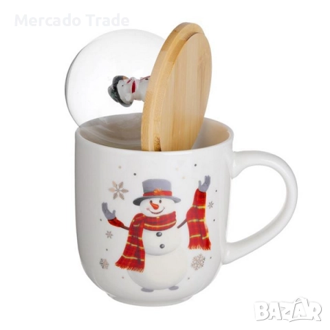 Коледна чаша с капак Mercado Trade, Снежен човек , Керамика, 500мл, снимка 2 - Чаши - 52325426