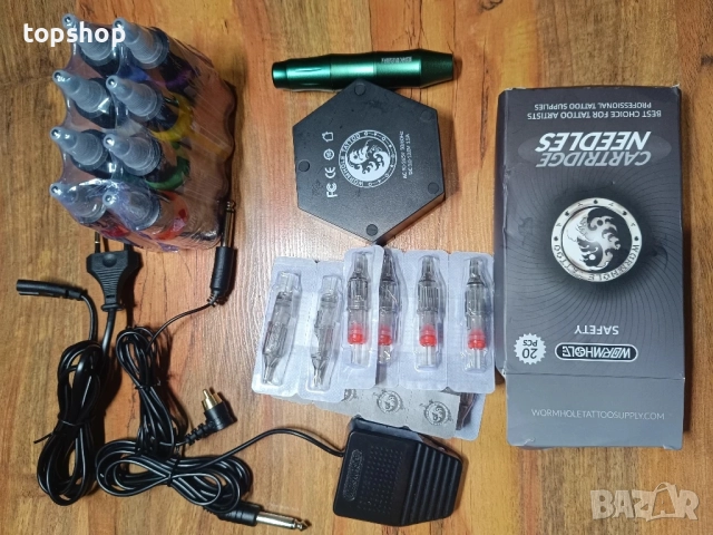 НОВ комплект за татуировки Wormhole Tattoo WTK106, ротационна със захранване, 15 игли, 8 мастила..., снимка 11 - Друго оборудване - 51636323