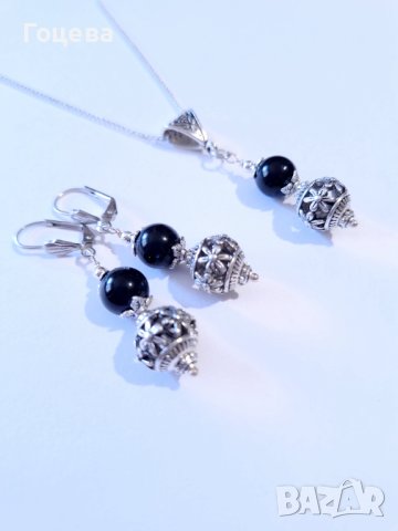 Разкошният ни нов комплект с камъни Черен диамант и фини филигранни орнаменти в цвят сребро , снимка 6 - Бижутерийни комплекти - 41819158