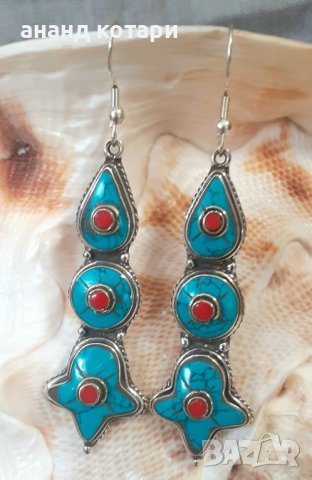 Висящи обеци от Тибет - тюркоаз, лазурит, малахит