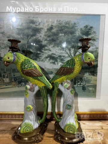УНИКАЛЕН ЧИФТ ПАПАГАЛИ СВЕЩНИЦИ – 4.5 кг, 42 см, Порцелан и Бронз, снимка 2 - Антикварни и старинни предмети - 53497219
