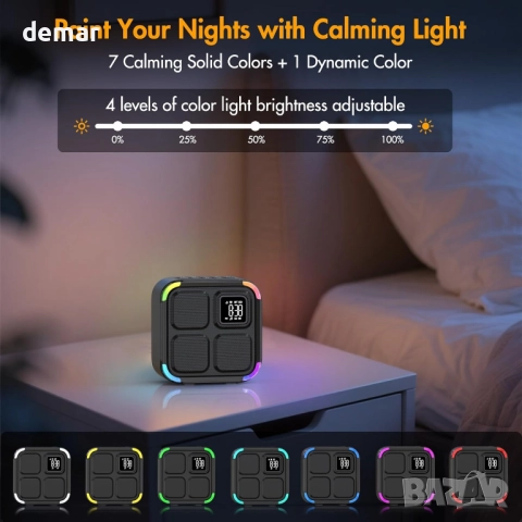 Bluetooth високоговорител, машина за бял шум с 30 успокояващи звука, 8 цвята нощна светлина, снимка 5 - Друга електроника - 51785949