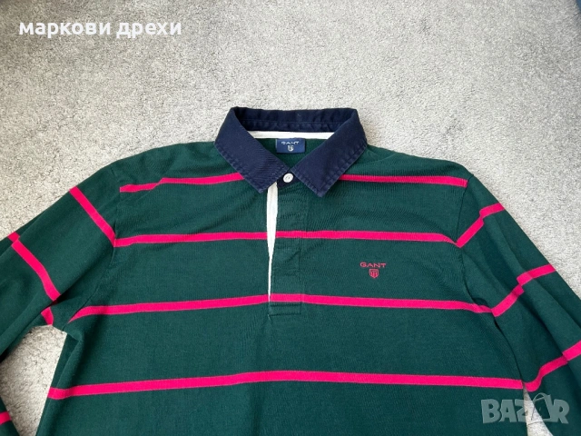 GANT fine knit lambswool striped rugby polo in green L, снимка 3 - Тениски - 53111826