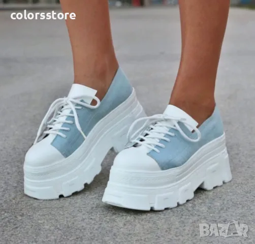 Обувки на платформа - бяло и светлосин деним - DA60