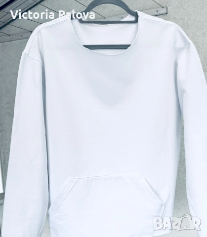 Бял суитшърт с кенгуру джоб и raw edges , снимка 5 - Блузи с дълъг ръкав и пуловери - 53397367