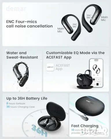 Отворени Bluetooth 5.4 слушалки ACEFAST AceFit Air с приложение, черни, снимка 6 - Безжични слушалки - 55945924