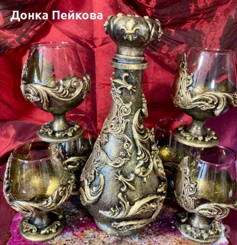 Ръчно изработен сервиз за коняк в старинно злато от 7 части, снимка 9 - Чаши - 48657359