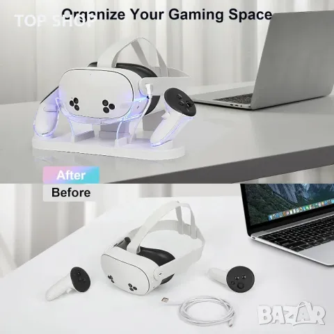 Докинг станция за зареждане за MetaQuest 3S/Quest 3, с LED индикатор, за VR конзола и контролер, бял, снимка 8 - Друга електроника - 49551805