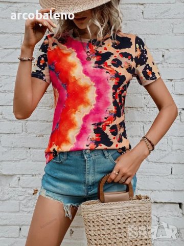 Дамска тениска с кръгло деколте и къс ръкав с леопардов принт, 4цвята , снимка 9 - Тениски - 41497389