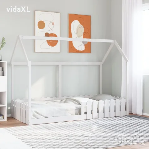 vidaXL Рамка за детско легло къща, бяла, 90x200 см, борово дърво масив, снимка 2 - Спални и легла - 56148223