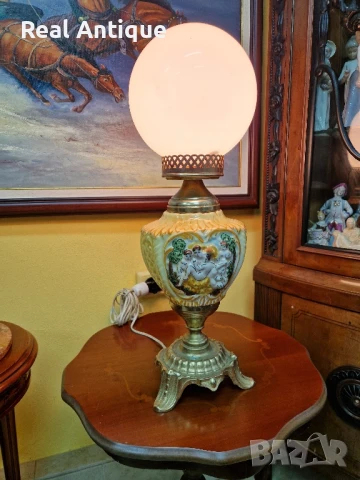 Страхотна антикварна настолна лампа бронз и порцелан , снимка 5 - Настолни лампи - 51404836