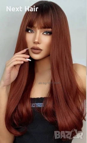 60 см омбре права перука с бретон в червеникаво-кафяв цвят, снимка 3 - Аксесоари за коса - 52897577