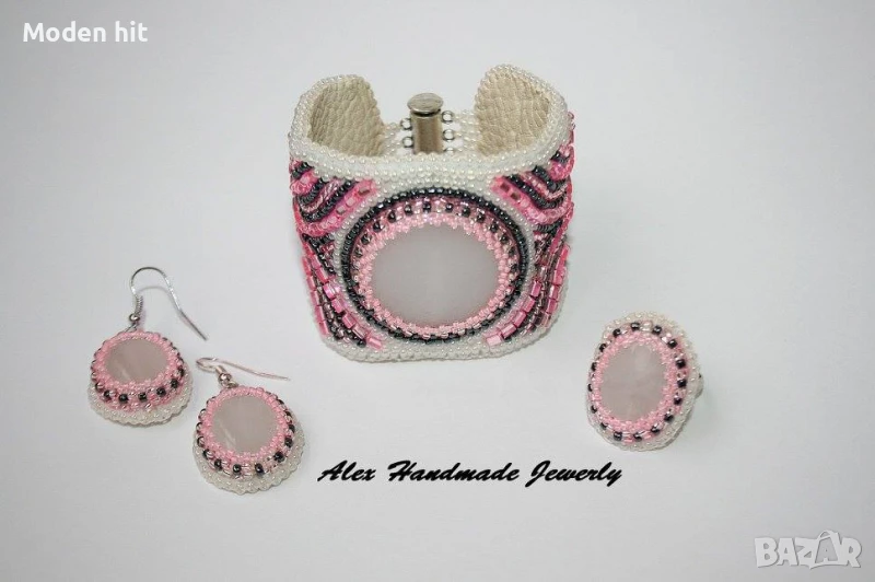Ръчна изработка! Комплект с млечен кварц - гривна, обеци и пръстен, снимка 1