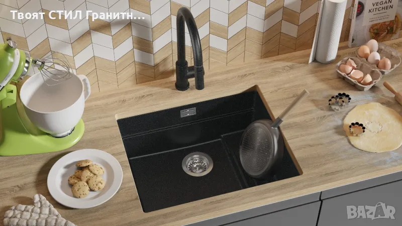 Графит гранитна мивка за вграждане под плот Прага 60 Level 560 x 470 мм, снимка 1