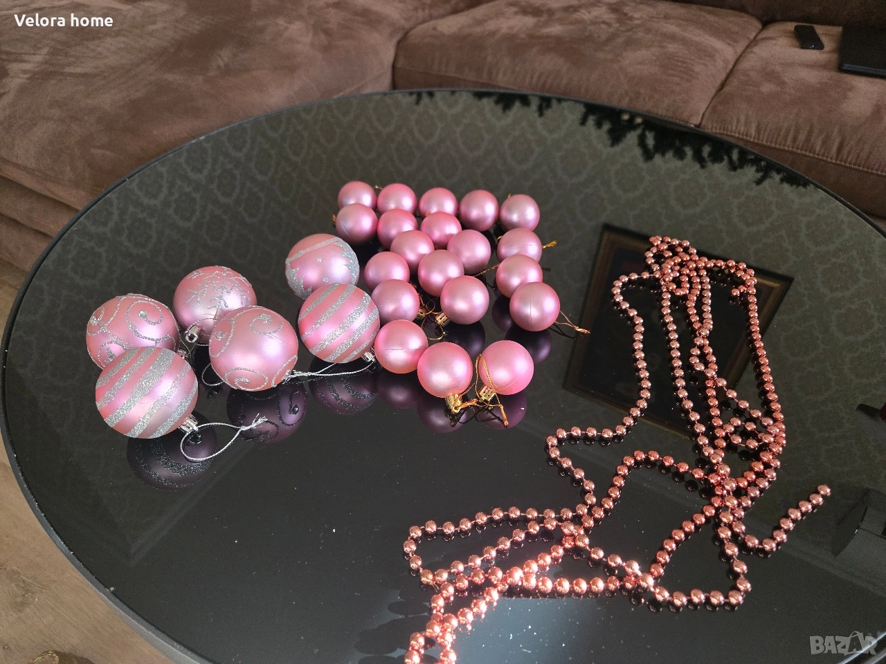 Розов сет от коледни играчки + гирлянд, снимка 1