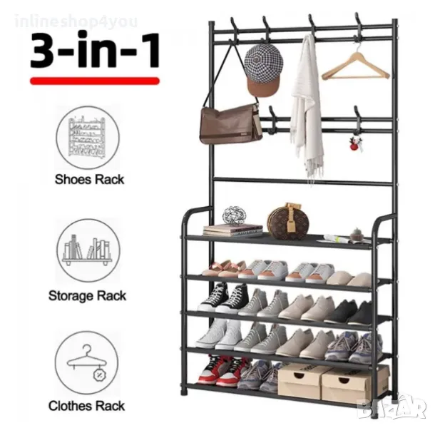 Мултифункционална етажерка със закачалки и рафтове за обувки, снимка 1