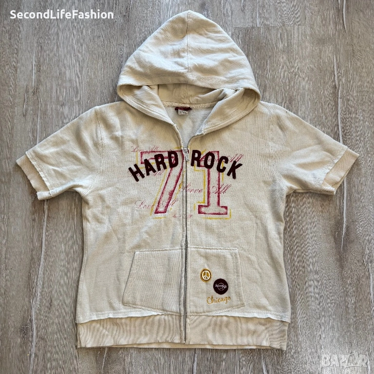Дамски суитшърт с къс ръкав и цип Hard Rock Cafe Chicago кремав размер M, снимка 1