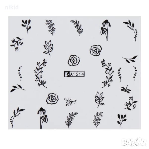 1514 клонче роза цветя листа черни ваденки водни стикери слайдери за нокти маникюр, снимка 1