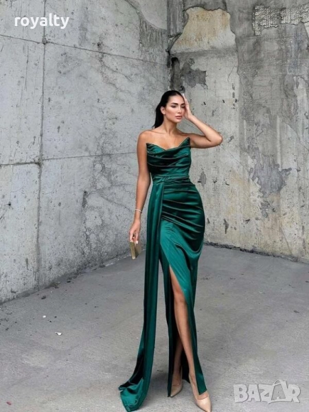 Дамска официална рокля от сатен в зелено, снимка 1