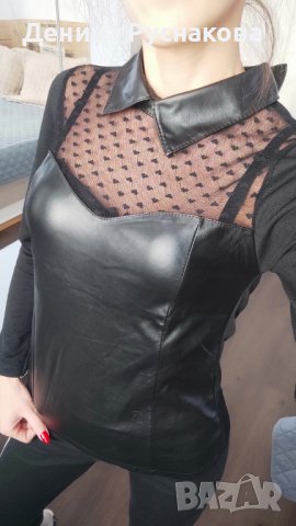 Черна блузка с кожена якичка , снимка 6 - Блузи с дълъг ръкав и пуловери - 40205233