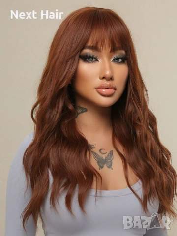 55 см чуплива кафява синтетична перука с бретон, снимка 6 - Аксесоари за коса - 53449052