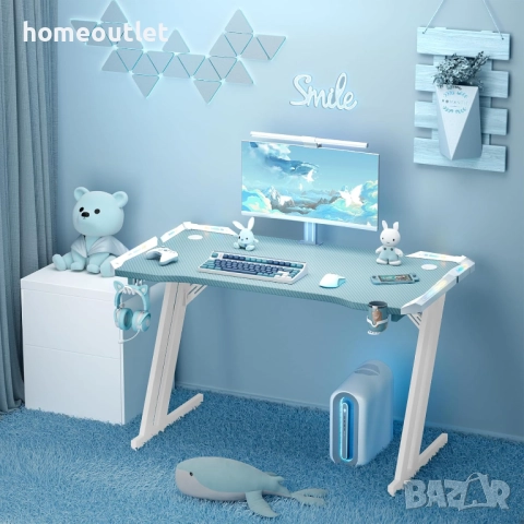 ПРОМОЦИЯ Геймърско бюро 120 см с RGB осветление, поставка за слушалки и чаша HL HDLGD-ZZLEDBU, снимка 6 - Бюра - 51616390