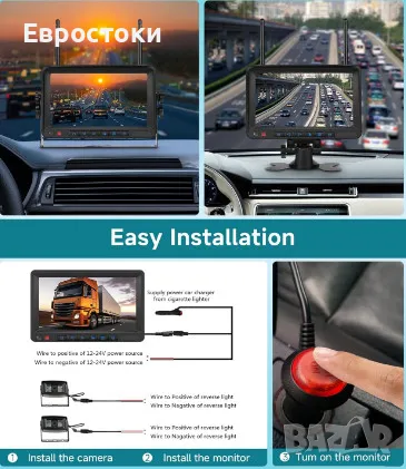 PODOFO комплект камери за заден ход с монитор, 2 х безжични AHD камери + монитор 7 инча, HD цифров , снимка 3 - Аксесоари и консумативи - 49427760