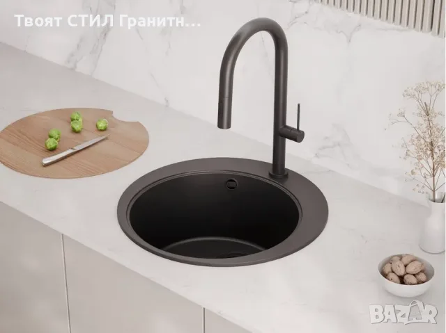 Черна кръгла кухненска мивка от гранит Пиза 45 Top 500 x 500 мм