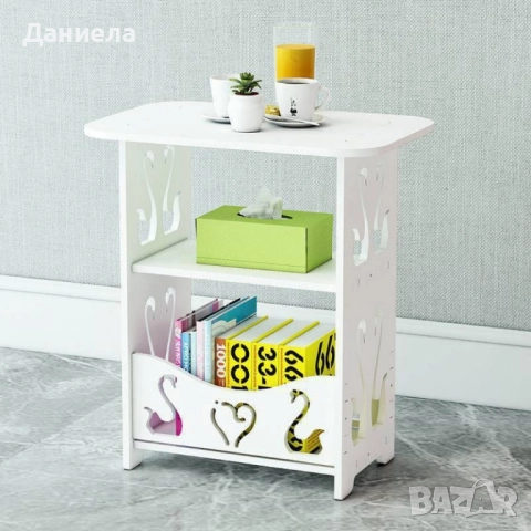 Компактна бяла PVC маса с декоративни изрязани орнаменти и три нива за съхранение, снимка 3 - Декорация за дома - 51547271