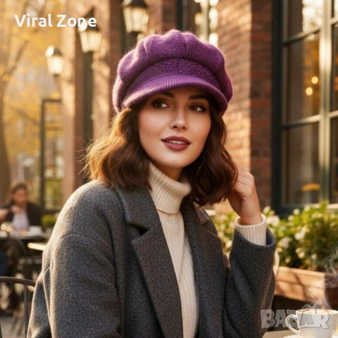 Дамска зимна плетена шапка с козирка и декоративни камъчета, снимка 4 - Шапки - 52666335