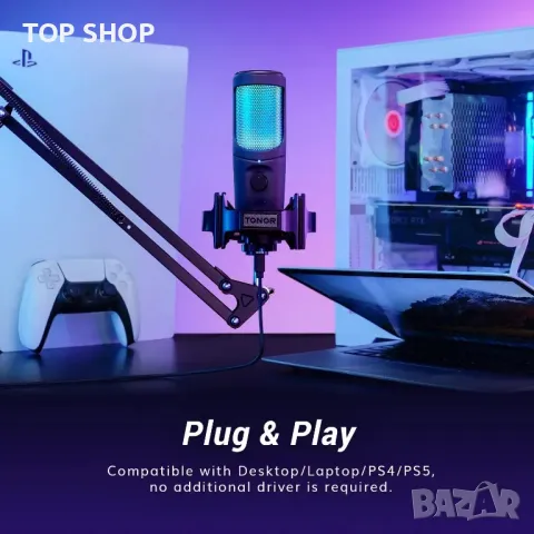 TONOR USB комплект микрофон с RGB за игри подкаст YouTube TikTok микрофон за компютър, снимка 5 - Микрофони - 49058023