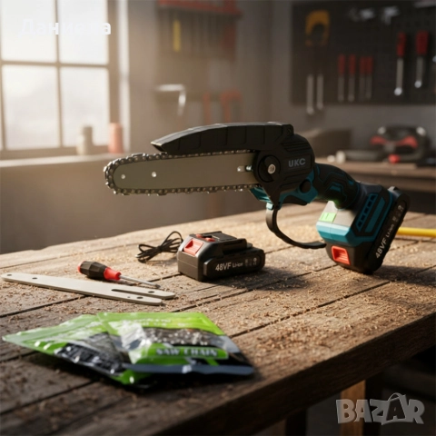 Акумулаторен трион за дърво и клони UKC 48V – 6″ верижна резачка с 2 батерии и 2 вериги, снимка 2 - Други инструменти - 52811521