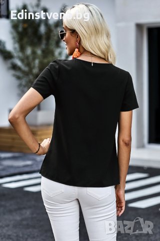 Дамска блуза в черно с къс ръкав и копчета, снимка 2 - Тениски - 40518004