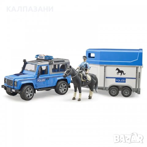 BRUDER Полицейски джип LAND ROVER с ремарке и кон 02588