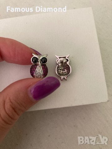 Сребърни обици с циркони Бухалчета, снимка 2 - Обеци - 42266871