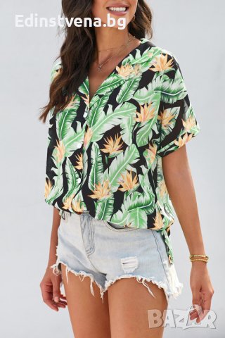 Дамска риза с къс ръкав и тропически принт, снимка 6 - Ризи - 40518141