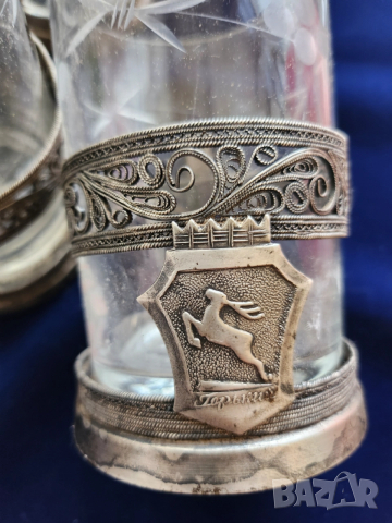 подстакан мелхиор, ръчна изработка, к-т от 6 броя + ориг. чаши, модел "Горкий", СССР, редки, снимка 4 - Други ценни предмети - 52788315