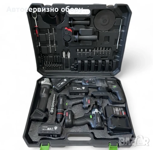 Акумулаторен комплект 5в1 , гайковерт , винтоверт , ъглошлайф , пефоратор , LED лампа – 36v 10.0A , 