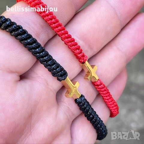 Мъжка Червена Плетена Гривна със Стоманен Кръст, снимка 2 - Гривни - 51579189