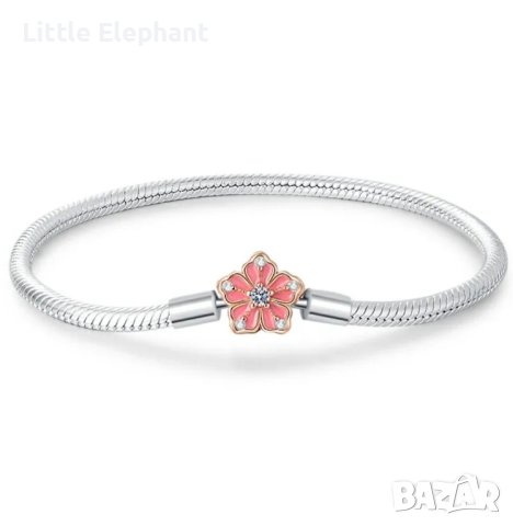 Сребърна гривна Пандора,змийска плетка,"Flower peach",колекция"Flowers"/,19 см/нова