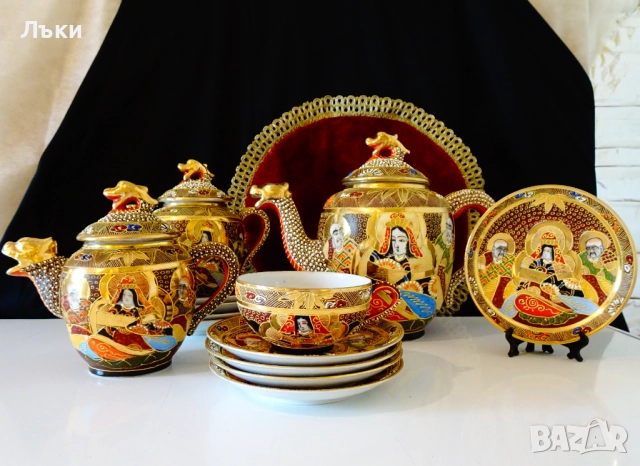 Кана японски порцелан Satsuma,Дракон,злато,500 мл. , снимка 12 - Антикварни и старинни предмети - 51644983