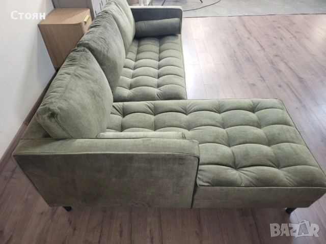 Зелен ъглов диван от плат с лежанка, снимка 12 - Дивани и мека мебел - 53730855
